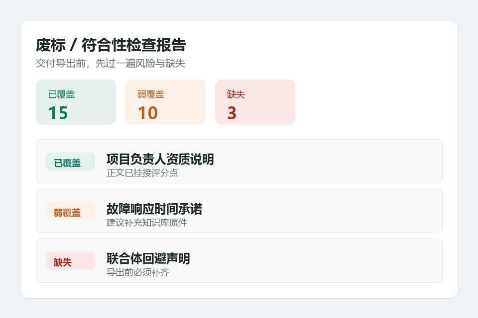 废标检查报告，导出前核对覆盖与缺失